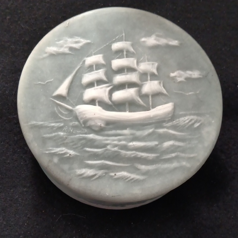 Robert Nemith Vintage Blue Hand-Carved Incolay Stone & Soapstone Tricket Box